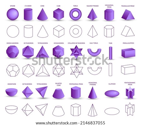Set of vector realistic 3D purple geometric shapes isolated on white background. Mathematics of geometric shapes, linear objects, contours. Platonic solid. Icons, logos for education, business, design