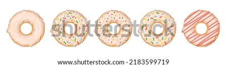 Set of donuts isolated on white background. Collection of vector illustrations of donuts with different sprinkles and white chocolate. Sweet pastry.