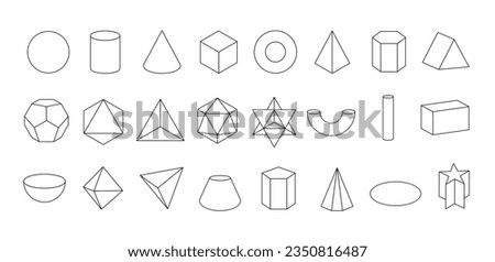 Set of vector linear black geometric shapes. Mathematics of a geometric figure, contour. Platonic solid. Icons, logo for education, business, design. Outline.