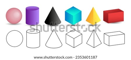 Set of 3d geometric shapes. Isometric views of sphere, cylinder, cone, cube, pyramid and parallelepiped. Vector illustration isolated on white background.