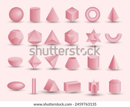 Vector realistic 3D pink geometric shapes isolated on background. Maths geometrical figure form, realistic shapes model. Platon solid. Geometric shapes icons for education, business, design.