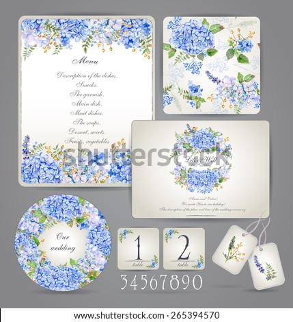 Set of templates for celebration, wedding. Blue flowers. Watercolor blue hydrangea, lavender, currant. Invitation card, letterhead, numbering for tables and different elements.  Vintage design
