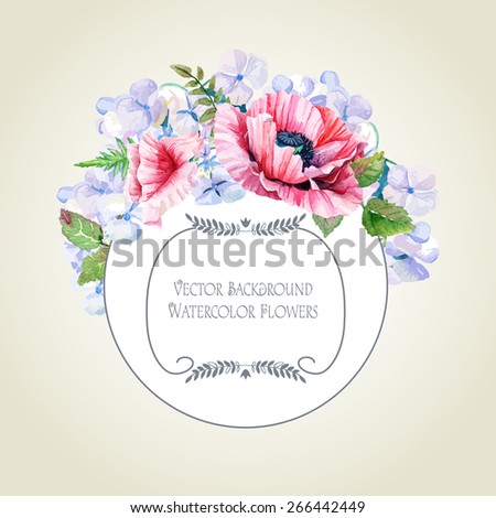 Round frame of watercolor poppies and hydrangea. Watercolor blue hydrangea,  red poppies. Vector illustration wreath of flowers. Can be used as a greeting card.