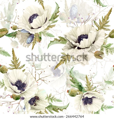 Seamless pattern of watercolor poppies. Vector illustration of white flowers on white background. Vintage. Can be used for gift wrapping paper, background of Valentine\'s day, birthday and so on.