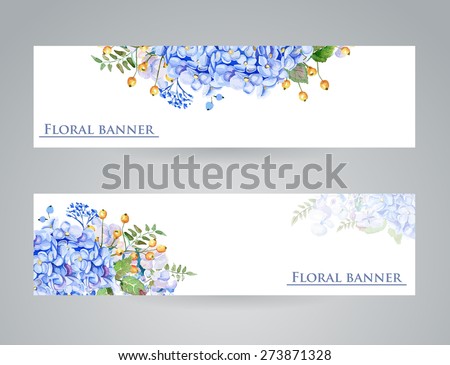 Two banner with blue flowers. Banners with watercolor blue hydrangea. Hand drawn. Colorful header.