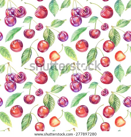 Seamless pattern with cherries. Drawing with colored pencils. Colorful drawing of cherries. Can be used for gift wrapping paper and other background.