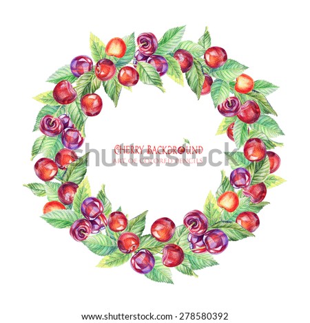 Round frame of leaves and cherry. Art of colored pencils. Can be used as a postcard, background for your design.