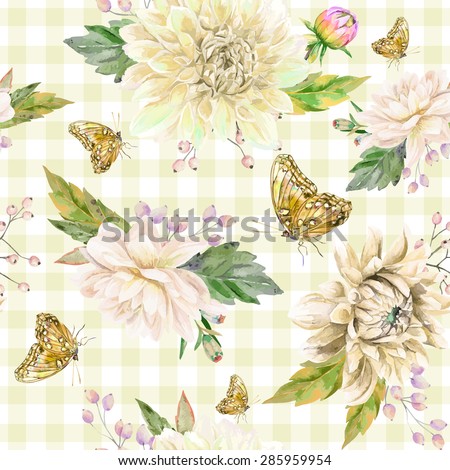 Vector seamless pattern with white dahlia. Cute style. White, beige watercolor flowers, leaves and butterflies on white background and yellow cages.