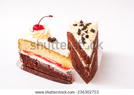 chocolate layer cake with chocolate ship topping cream and vanilla layer cake with cherry currant  cream on white background.
