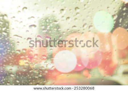 bluured of raindrops on window at night in the city