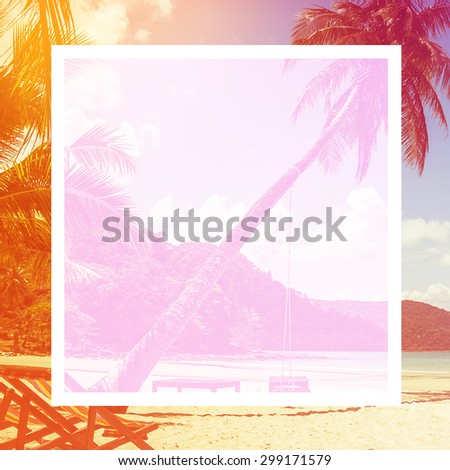 blank design frame. label over coconut tree and beach wooden bed on white sand with beautiful blue sea over clear blue sky  background,vintage color tone.