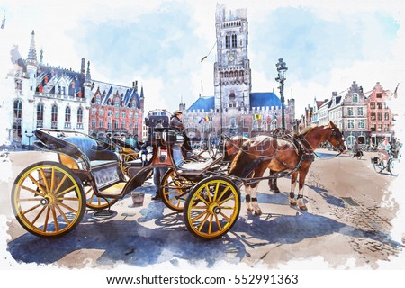 watercolor of Carriage in scenery historical town with tourist people around central of Bruges (Brugge), Belgium,digital painting effect.