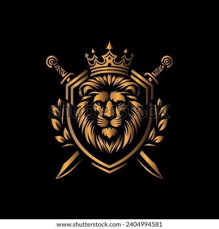 lion head logo design with sword and shield elements