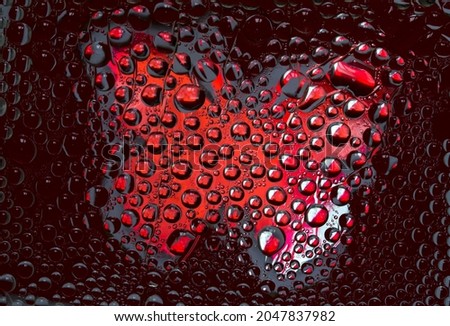 Transparent drops of water are located against the vinous background with white-red silhouette of butterfly. Abstract fantasy. 3D render. Photo stock © 