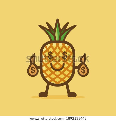 CUte Mascot Pinapple Cartoon Character Design Illustration. With A Pinapple Use HOld Money.Yellow And Green COlor. With Cute, Fun, And Outline Style. Recomenden For Children Book, Or Child Cover Book.