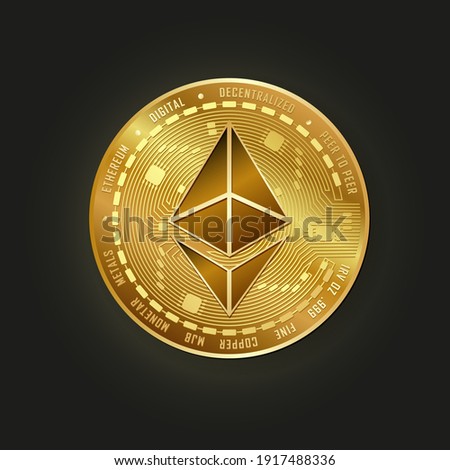 Ethereum vector illustration. Golden realistic coin. Cryptocurrency Ether on black background. Digital currency. ETH digital coin.