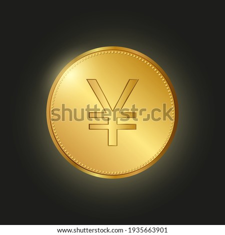 Golden coin on black background with glow. Vector illustration Jena and Yuan. JPY and CNY currency. 
