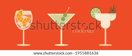 Set of cocktails. An illustration of three cocktails in wine, margarita and martini glass. Vector illustration of summer cocktails.