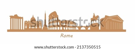 Famous Rome landmarks and historical buildings such as Colosseum, Pantheon, St. Peter's Basilica. Panoramic view of Rome, city silhouette. Vector illustration.