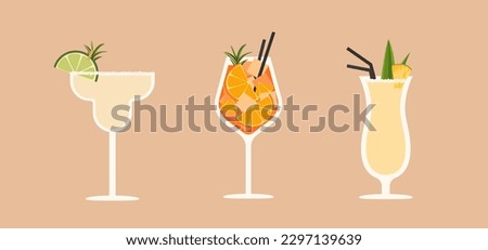 Set of summer cocktails with ice and fruits. An illustration of three cocktails in tall glasses. Vector illustration of margarita, spritz and pina colada