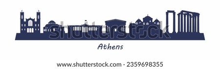 Famous Athens landmarks and historical buildings such as Temple of Hephaestus, Temple of Olympian Zeus, Daphni monastery. Panoramic view of Athens, city silhouette. Vector illustration.