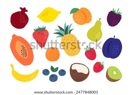 Set of cartoon fruits. Organic fruits collection in doodle style, vector illustration isolated on white background