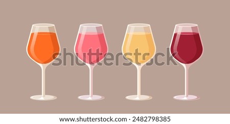 Set of full wine glasses. Vector illustration of alcohol drinks of different colors