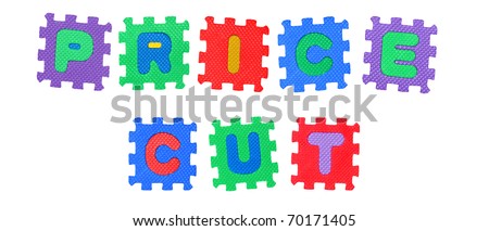 Message Price cut, from letters puzzle, isolated on white background.