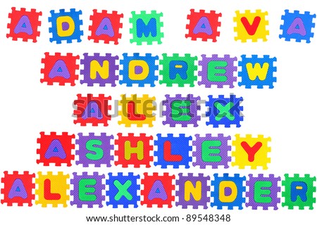 The names AVA, ALEX, ADAM, ANDREW, ASHLEY and ALEXANDER made of letter puzzle, isolated on white background.