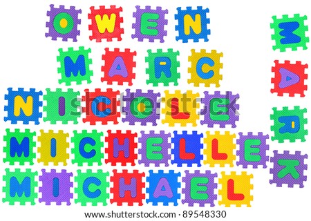 The names OWEN, MARC, MARK, NICOLE, MICHELLE and MICHAEL,  made of letter puzzle, isolated on white background.