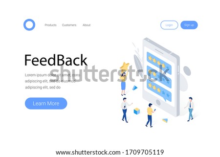 Feedback or rating isometric concept. Small people leave product feedback. Use for web banner, infographics, hero images. Landing page template. Trendy flat 3d isometric style. Vector illustration.