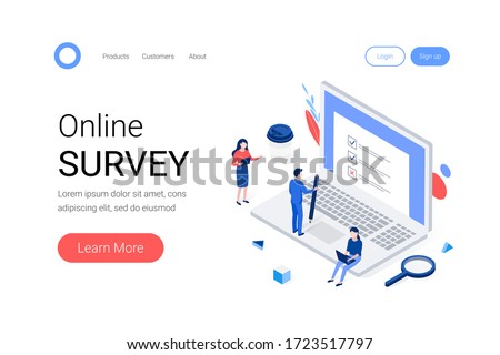 Online survey isometric concept. Group of people are filling out a paper survey form that is sticking out of the laptop screen. Trendy flat 3d isometric style. Landing page template. Vector illustrati
