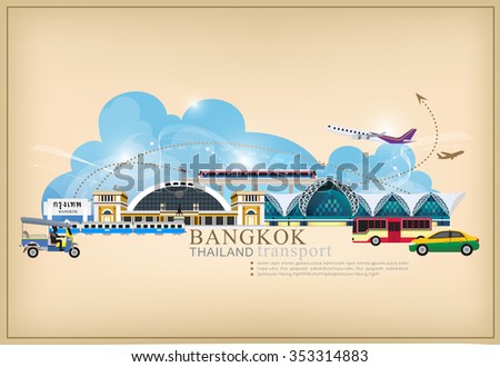 vector set of Thailand transportation, Bangkok city Travel, Bangkok Railway Station, Suvarnabhumi international airport, sky train 