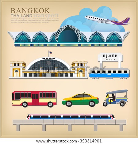 vector set of Thailand transportation, Bangkok city Travel, Bangkok Railway Station, Suvarnabhumi international airport, sky train 