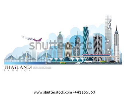 vector of Thailand, Bangkok city center of business office, Suvarnabhumi international airport, sky train, king rama 9 bridge 