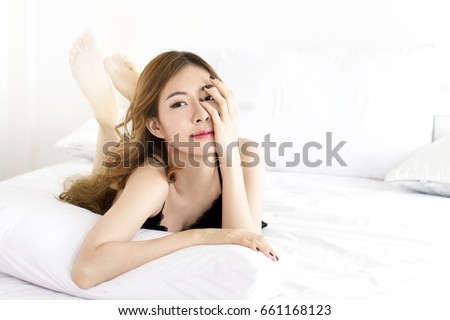 Sleepy Girl Beautiful Asian Woman In Black Sexy Nightwear Sitting In Bedroom Korean Woman Sleepy Girl Beautiful Asian Woman In Black Sexy Nightwear Sitting In Bedroom Korean Woman