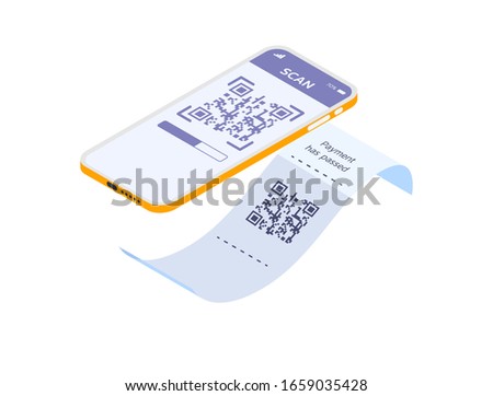 Scanning a QR code on a receipt. Modern vector isometric illustration. Include scanner and receipt with QR code.  