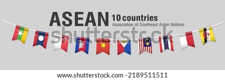 Asean flags on rope. bunting flags. AEC (Asean Economics Community)Flags 10 Countries vector illustration.