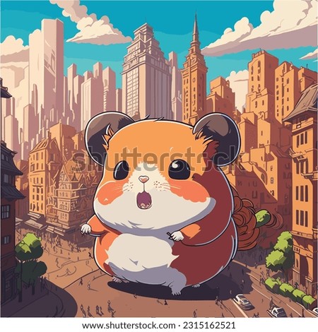 A big anime hamster like a kaiju monster, terrorizing a city, vector illustration, mascot kawaii