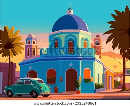 Church in Cuba, painted blue with a car outside, vector illustration