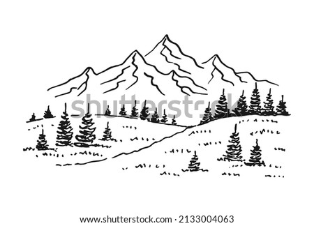 Landscape with mountains and forest. Hand drawn illustration converted to vector.