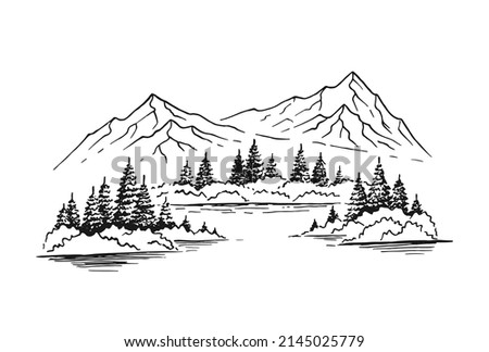 Mountain with pine trees and lake landscape. Hand drawn illustration converted to vector.