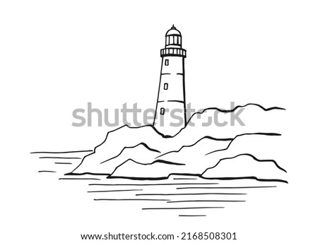 Seascape. Lighthouse. Hand drawn illustration converted to vector. Sea coast graphic landscape sketch illustration vector.