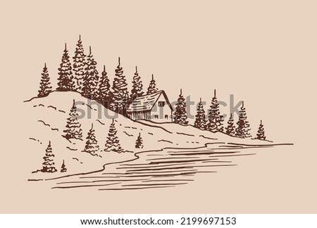 Landscape with pine trees and country house. Hand drawn illustration converted to vector. 