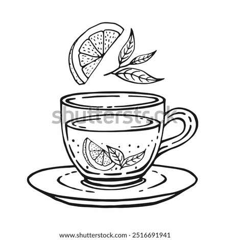 Glass cup of tea, lemon slices, tea leaves. Hand drawn vector illustration in outline style.