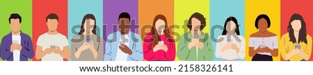 collage of people using phones on background with colorful lines