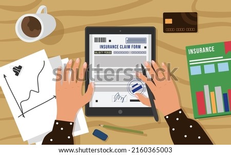 Female insurance agent fills out an insurance claim form on a tablet computer. View of the desktop workspace from above. Magazine, credit card, papers, cup of coffee. Vector illustration