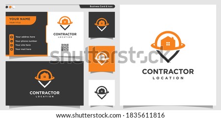 Contractor logo with pin location outline style and business card design Premium Vector