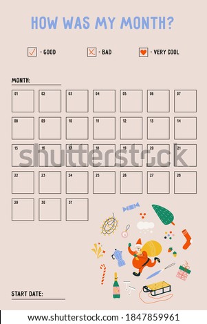 Christmas vector flat mood tracker for the month with set of elements for Christmas decor. Beautiful mood tracker. Merry Christmas and Happy New Year. Santa Claus, Christmas tree, toys. Happy holidays