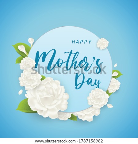 Mother's day greeting card with beautiful white jasmine Flower. Perfect realistic vector illustration on blue background.